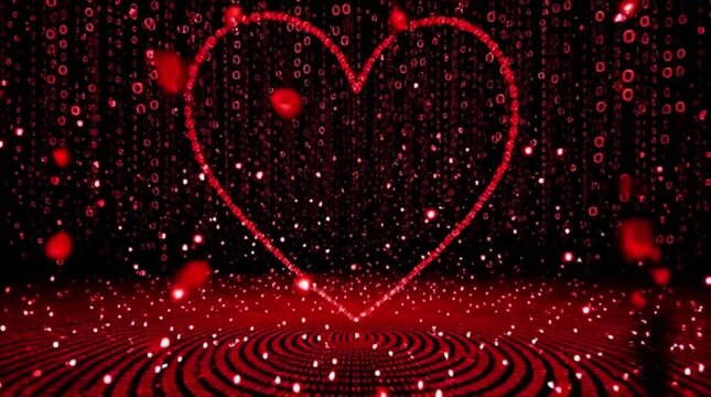 Digital Red Matrix Rain Binary Code Falling and Forming Heart Shape on Floor Abstract Background
