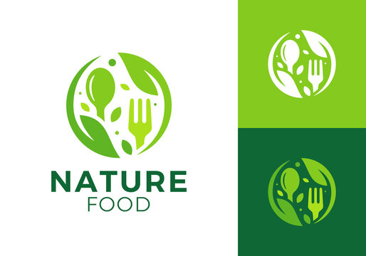 spoon fork and leaf tree logo. health nature food vector design concept