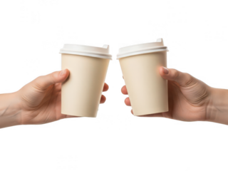 Two hands clinking disposable coffee cups