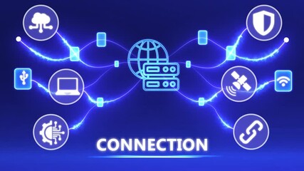 Futuristic digital connection concept with glowing blue network nodes and global communication icons. - Powered by Adobe