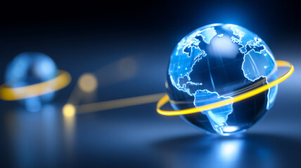 A digital holographic globe with orbital rings representing global connectivity data exchange and worldwide technology networks.
