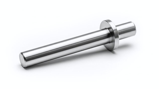 Shiny metal pin or dowel resting on a clean white surface with soft, diffused lighting. isolated on white background