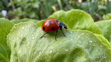 Obraz premium Ladybug sitting on a green lettuce leaf with water droplets in garden 