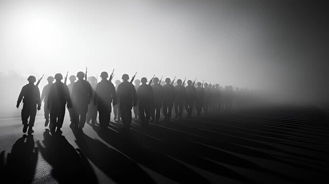 Striking black and white military parade of unity and discipline