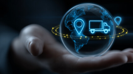 A holographic globe with location pin and delivery truck icons above a human hand representing global logistics tracking and transportation networks.