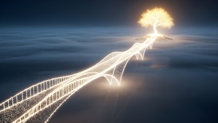 Journey to the self and spiritual solitude concept with light bridge