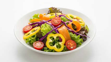 Fresh healthy garden salad with lettuce cherry tomatoes yellow bell peppers and purple cabbage in bowl