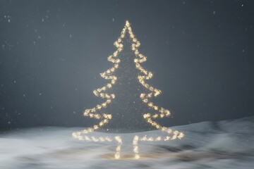 Glowing Christmas tree in snowy landscape with sparkling lights