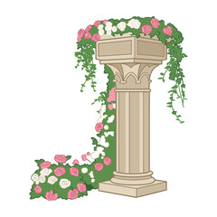 Pillar decorated with pink and white roses column with green leaves floral arrangement