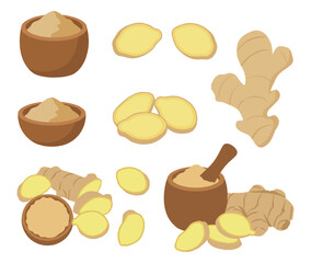 Ginger root sliced ginger pieces ground ginger powder in bowls and mortar pestle