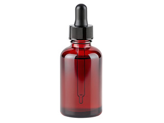 Red glass bottle with black dropper on black background for skincare or supplement product