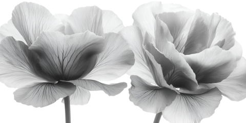 Two gray scale flowers against transparent background