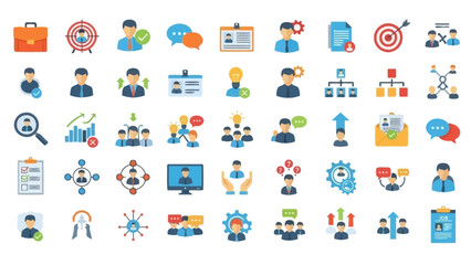 Collection of business icons representing various concepts and tasks in a modern digital workspace viewed from directly above