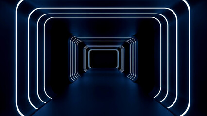 Dark futuristic tunnel with glowing blue neon lights abstract background perspective view