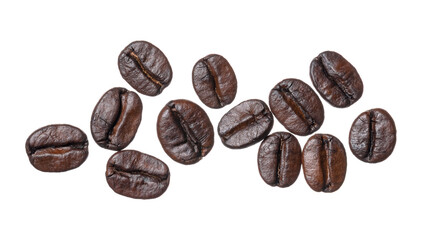 Obraz premium Close up flat lay view of many brown roasted coffee beans with fine details isolated on white background