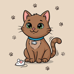 Obraz premium Cute brown cartoon cat with blue collar and fish charm sits with toy mouse on background 