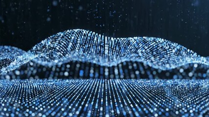 Dynamic abstract digital landscape featuring glowing blue particles forming undulating waves and peaks symbolizing advanced data visualization global network connections and futuristic technology in . - Powered by Adobe