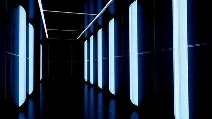 Dark futuristic corridor with blue glowing panels and sleek metallic walls interior