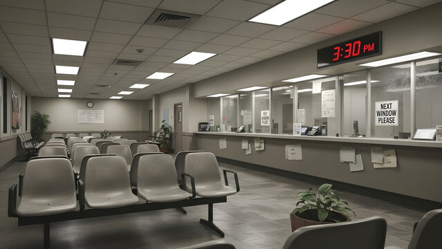 Empty waiting room in a government office or clinic. Rows of vacant chairs in a sterile institutional interior. Bureaucracy and public service concept