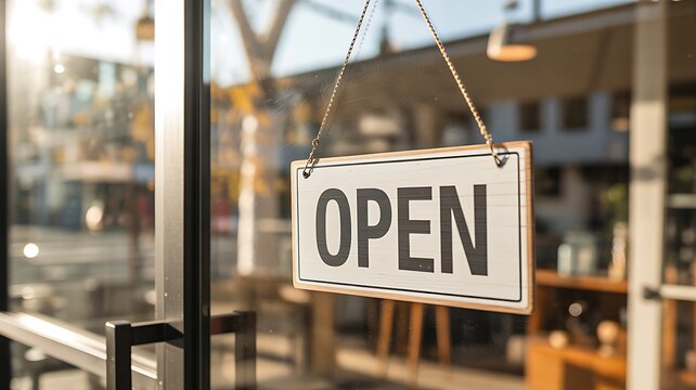 Open sign hanging on glass door of modern shop storefront in daylight
