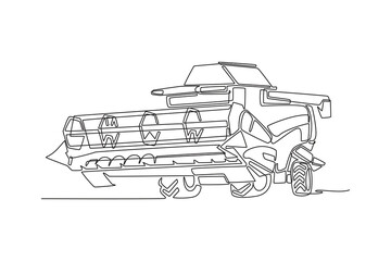 Single continuous line drawing combine harvester, industrial farming. Complex grain tank, agricultural efficiency and large-scale harvesting operation. One line draw graphic design vector illustration © onetime
