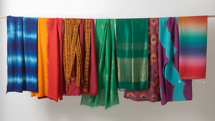 Naklejka premium Vibrant and Colorful Fabric Samples Hanging on Display Rod in Fashion Studio