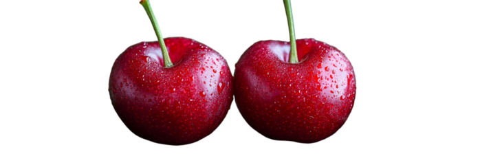 Two ripe red cherries against black background