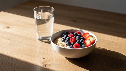 Healthy breakfast bowl of oatmeal with fresh blueberries raspberries strawberries and glass of water