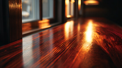 Warm Golden Light Reflections Dancing on a Polished Dark Wood Surface Near a Window