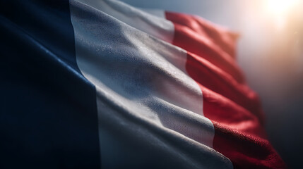 Waving French Flag with Sunlight Highlights and Shadows