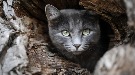 Enigmatic Gray Cat with Piercing Green Eyes Emerging from the Safety of a Tree Hollow