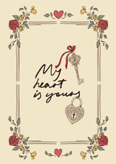 Vector poster illustration of flowers, hearts and lock with key. Romantic love symbol perfect for Valentines Day holiday, wedding designs, posters, invitations and festive decor.