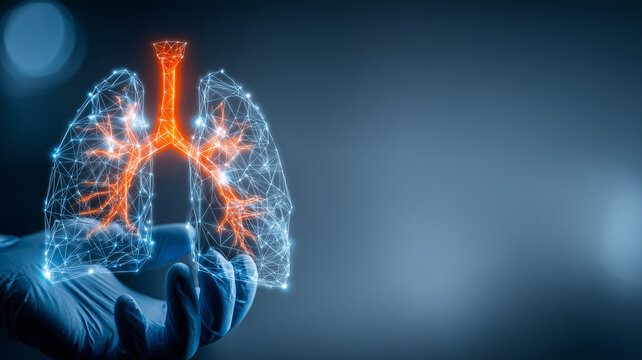 A wireframe human lungs model held in a gloved hand representing respiratory health monitoring and medical technology innovation.
