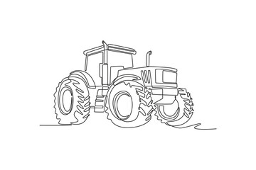 Single one line drawing large four-wheel drive agricultural tractor with massive tires and high-clearance cabin. Professional machinery profile. Continuous line draw design graphic vector illustration © onetime