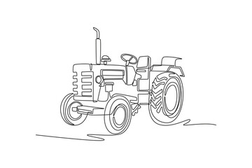 Single one line drawing classic style farm tractor without a cabin. Iconic silhouette of rural machinery and rugged agricultural wheels. Modern continuous line draw design graphic vector illustration © onetime