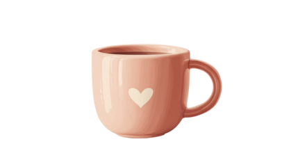 Pink coffee mug with heart icon isolated on transparent background