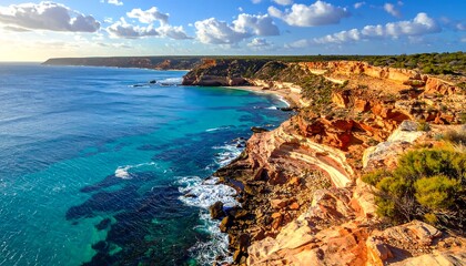 Stunning aerial view captures dramatic cliffs meeting turquoise waters, under a bright blue sky dotted with puffy clouds. A sandy cove is visible