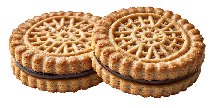 Two sandwich cookies with chocolate filling