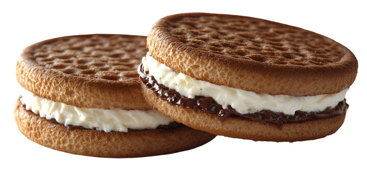 Two sandwich cookies with creamy filling against transparent background