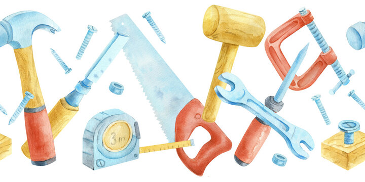 Seamless watercolor banner pattern with hand tools. Horizontal border design featuring hammer, saw, wrench, screwdriver, measuring tape, clamps and fasteners. Perfect for DIY, home repair, constructio