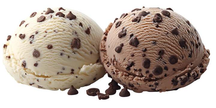 Two scoops of ice cream with chocolate chips close up view