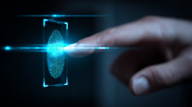 A glowing fingerprint displayed on a digital interface symbolizing biometric authentication cybersecurity and personal data protection.
 - Powered by Adobe
