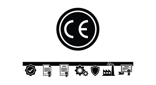 A striking depiction of the ce marking symbol and various icons presented in a dark minimalist silhouette high quality professional detailed