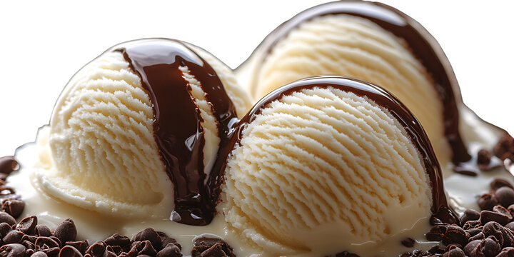 Two scoops of vanilla ice cream with chocolate topping
