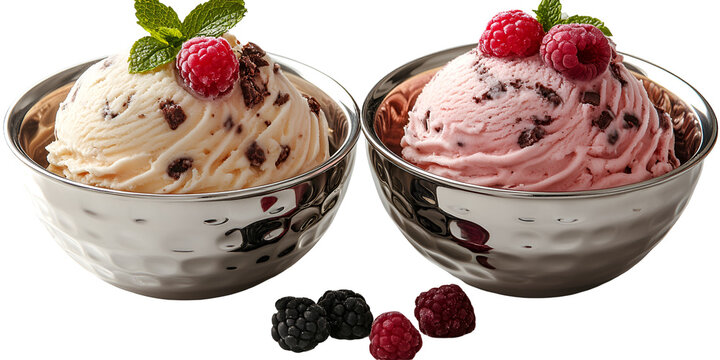 Two scoops of ice cream with raspberries and mint in bowls