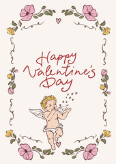 Colorful vector poster illustration of a cute Cupid angel with hearts and flowers. Romantic love symbol perfect for Valentines Day holiday, wedding designs, posters, invitations and festive decor.