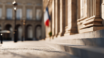 Obraz premium Perspective of stone steps leading up to a classical building with French flag