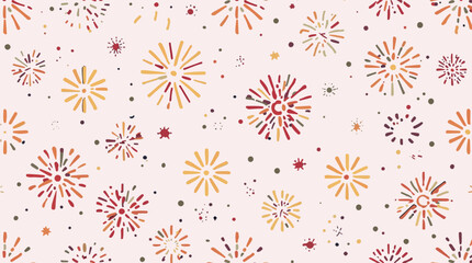 Vector Template of Fireworks in a festive explosion with golden bursts and sparks in a doodle style creating a seamless pattern border	