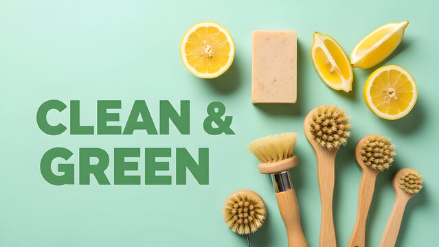 Clean and green eco friendly self care products with wooden brushes natural soap and citrus on a pastel background