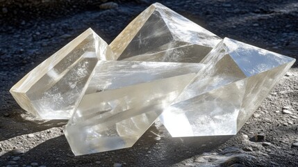 Sharp broken fragments of translucent crystal catching light with sharp facets and geometric shapes on rough ground